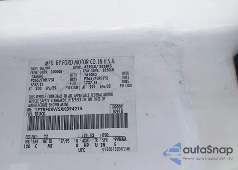 1999 Ford F-150 Lariat/Xl/Xlt из США, поврежденный, VIN 1FTRF08W5XKB94215